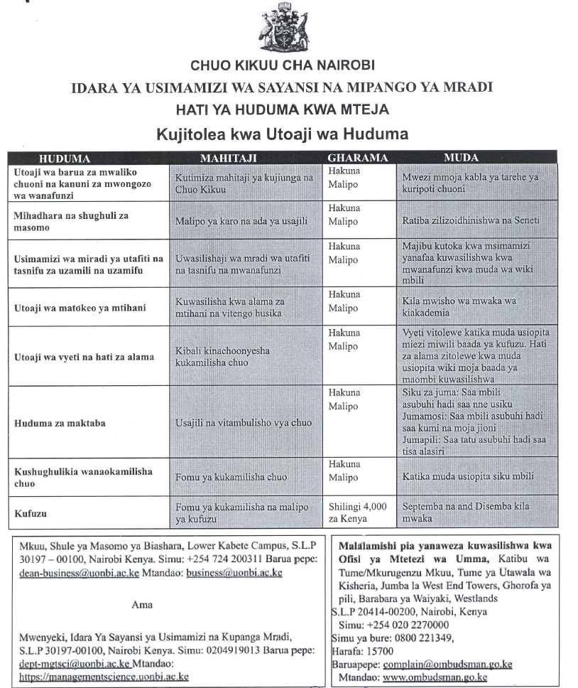 Management Science - Service Charter - Kiswahili